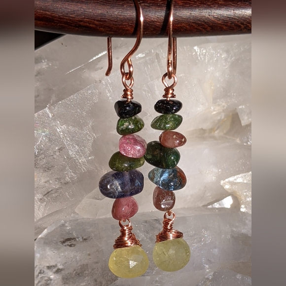 Rainbow Tourmaline Gemstone Earrings Artisan Copper Wire Wrap Design - Picture 2 of 14